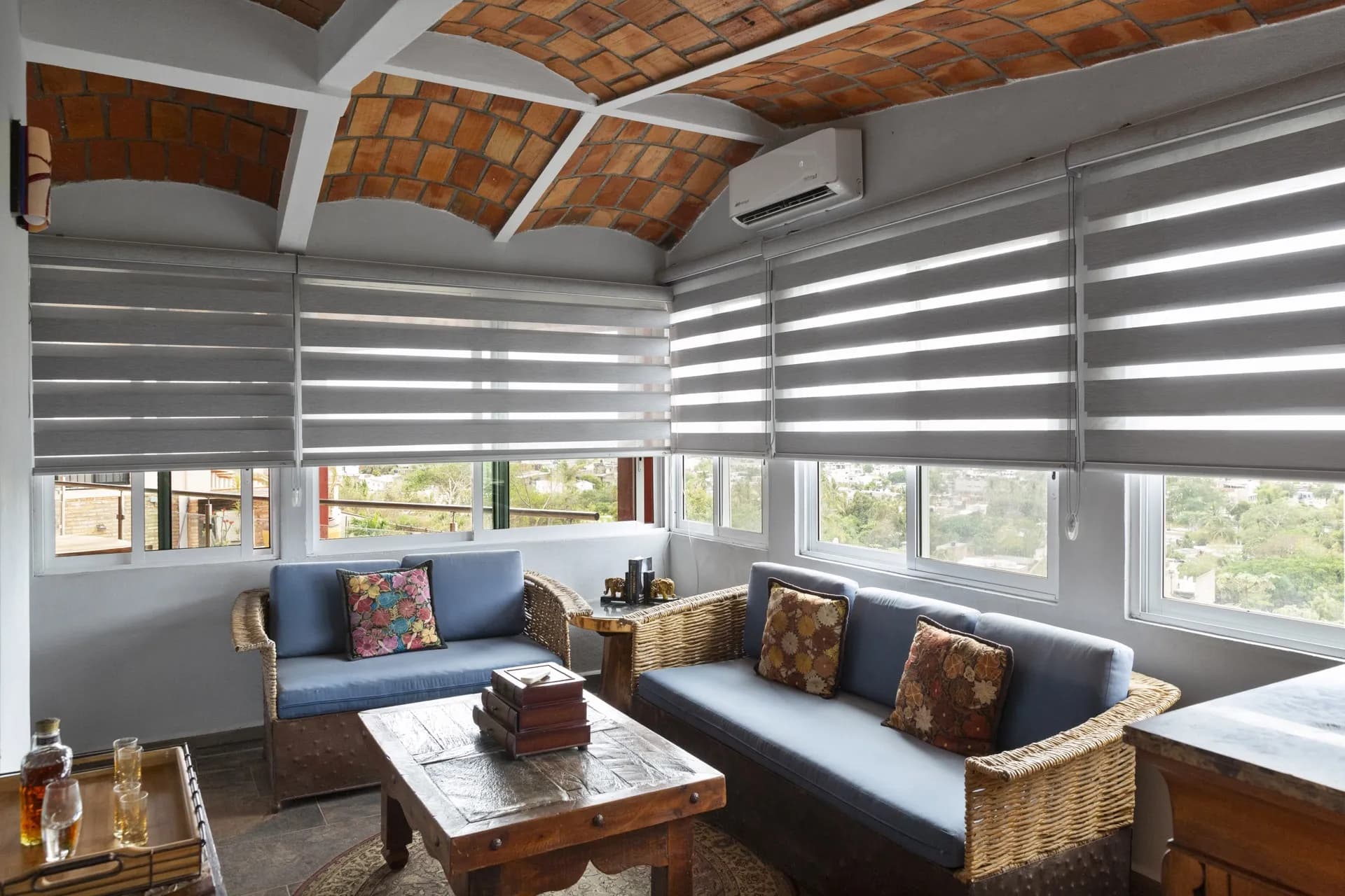 Cozy seating area with view to outdoor terrace