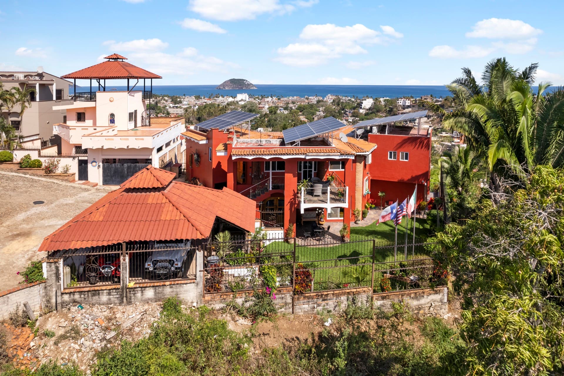 Aerial perspective of villa and surrounding mountains